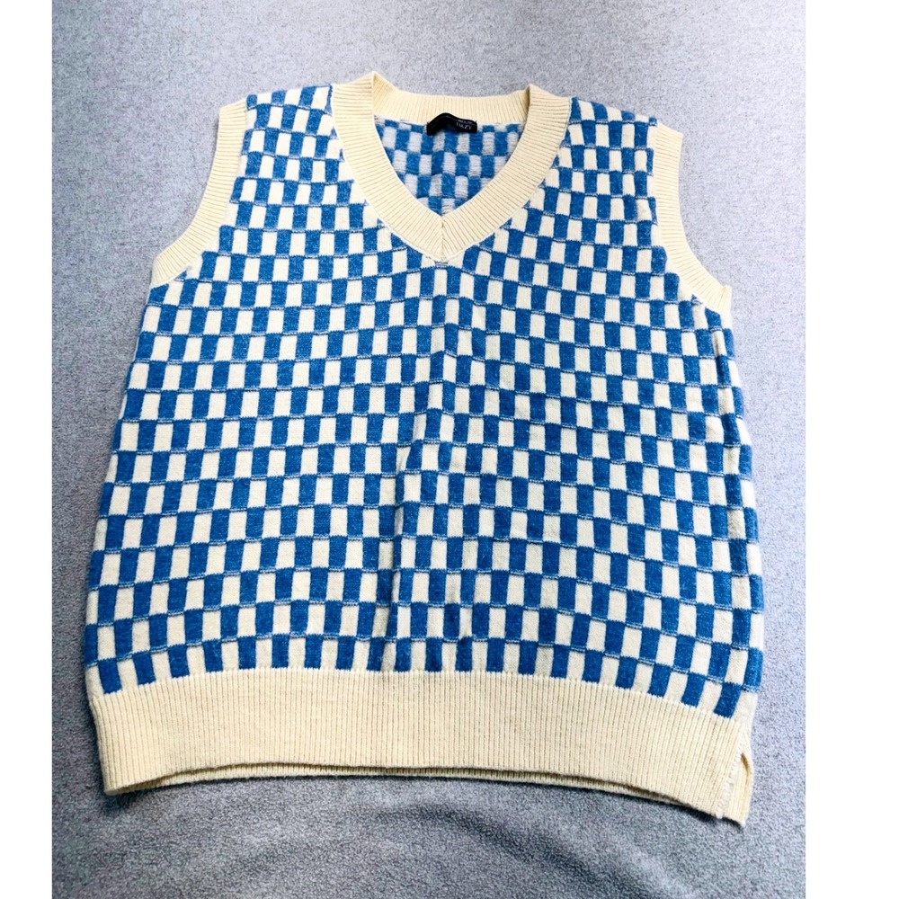 Dazy Checkerboard Sweater Vest Womens Large Blue Cream‎ V-Neck Knit Retro Preppy